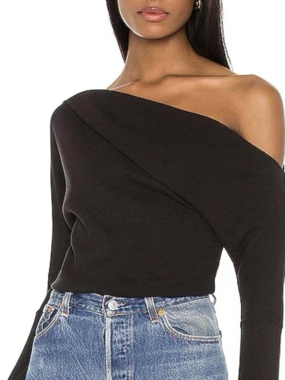 Free People Fuji Thermal Waffle Knit Off Shoulder Top Black XL